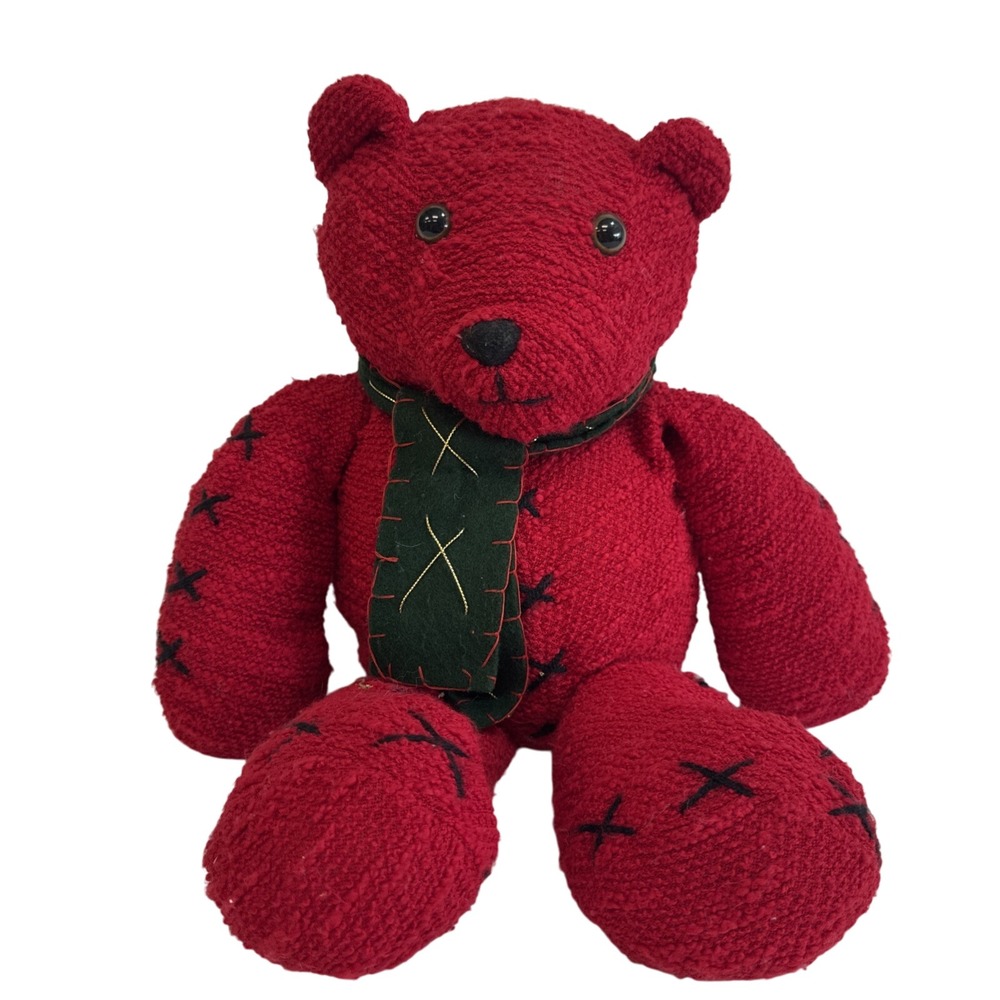 Red Plush Teddy Bear‎ Green Scarf Stitched Accents Christmas Holiday Decor